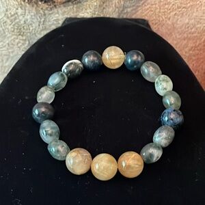 Handmade Crystal Healing Bracelet Golden Rutile & Dumortierite & Moss Agate